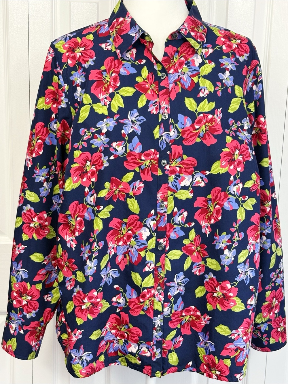 Lands' End Navy Floral No Iron Supima Long Sleeve Button Down Shirt 18W